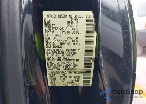 2002 Nissan Frontier Xe-V6 z USA, uszkodzony, nr VIN 1N6ED26Y62C364280